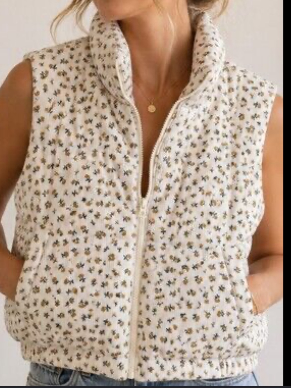ONLY by 26 International Cream Quilted Floral Print Puffer Vest Cotton Blend XL